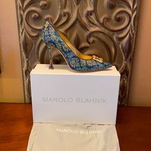 Manolo Blahnik blue/green/gold heels